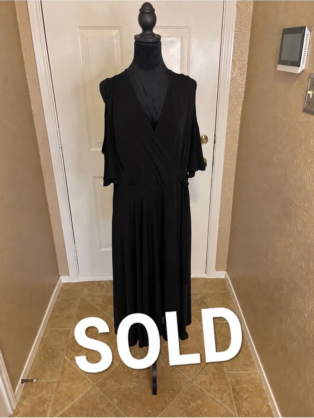 SOLD Black Faux Wrap Midi Dress - Women's Elegant V-Neck with cold shoulder